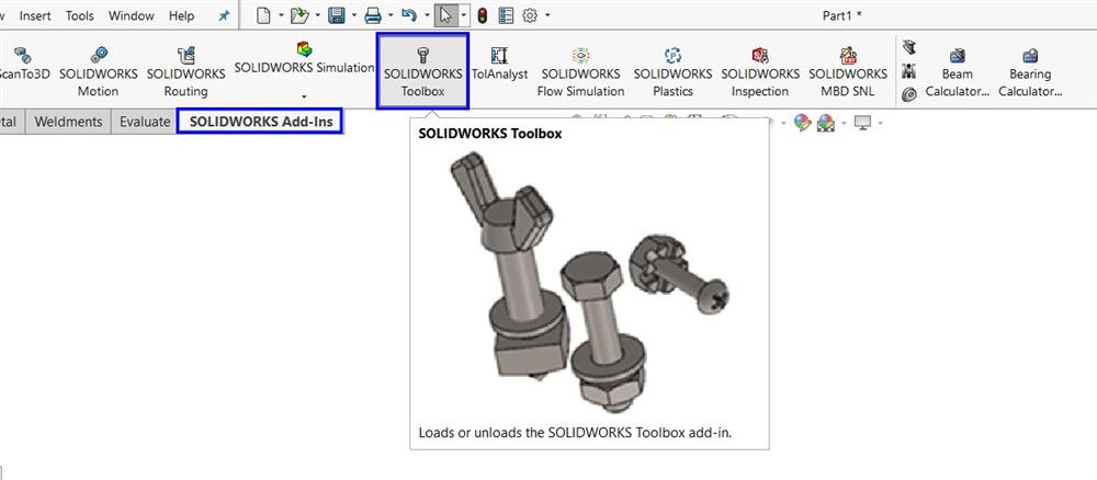 فعال نمودن Solidworks Toolbox از طریق زبانه‌ی Solidworks Add-in